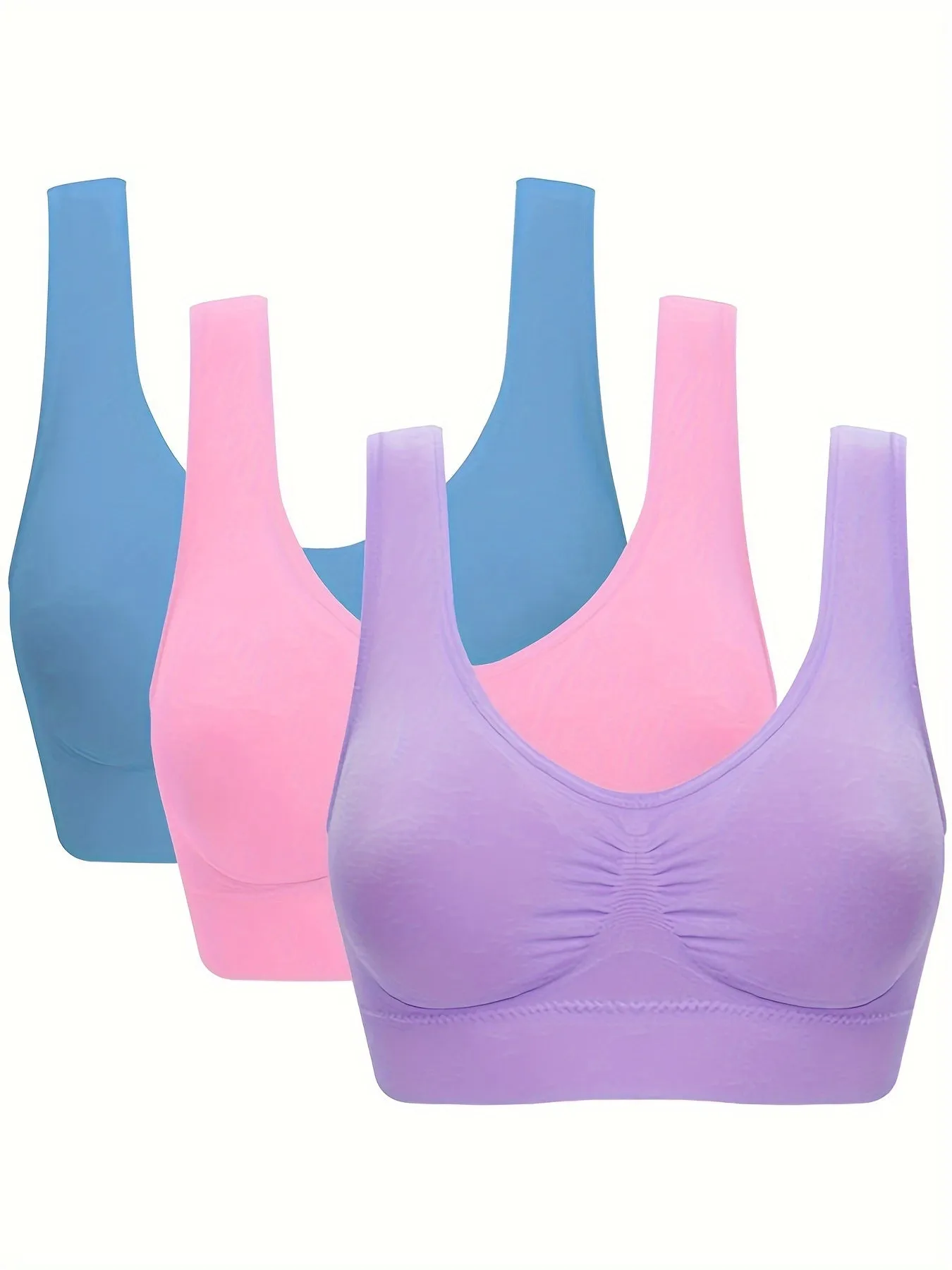 3Pcs Women's Seamless Wireless Solid Color Sports Bra Set - Comfy Round Neck & Sporty Design