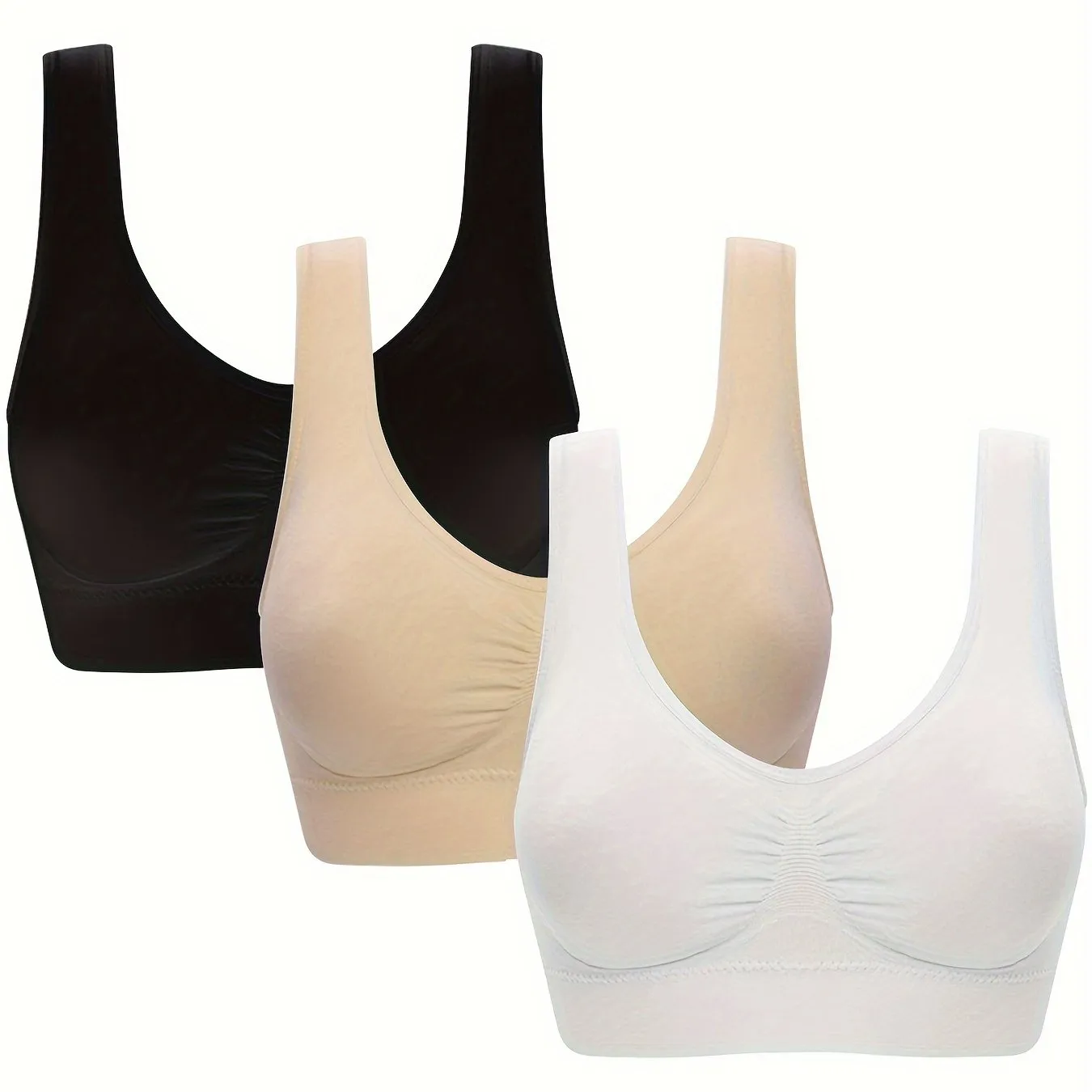 3Pcs Women's Seamless Wireless Solid Color Sports Bra Set - Comfy Round Neck & Sporty Design