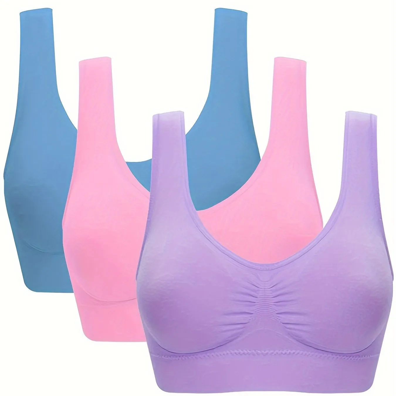3Pcs Women's Seamless Wireless Solid Color Sports Bra Set - Comfy Round Neck & Sporty Design