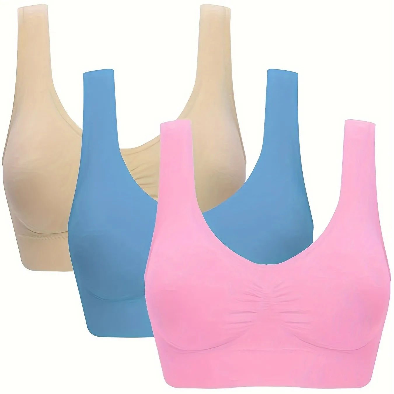 3Pcs Women's Seamless Wireless Solid Color Sports Bra Set - Comfy Round Neck & Sporty Design