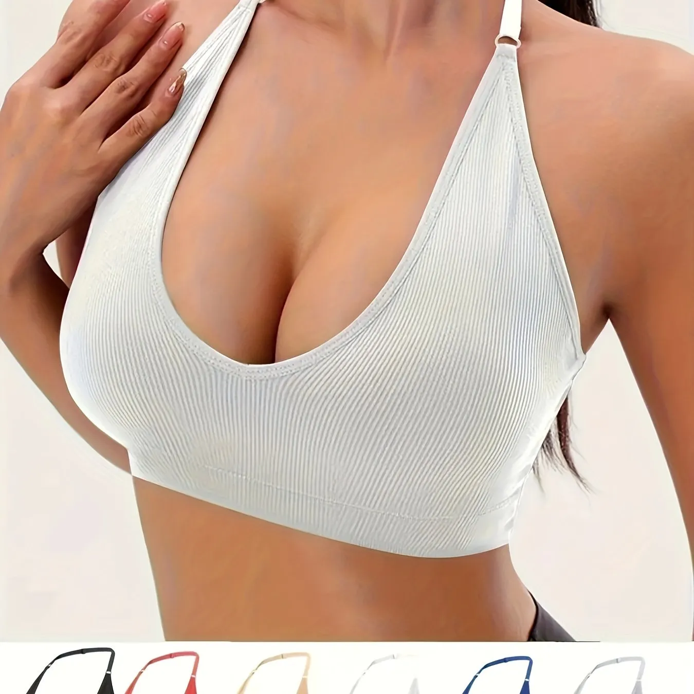 6-Pack Elegant Nylon Halter Neck Everyday Bras with Removable Pads - Backless, Solid Color, Wireless, Medium Support Knit Fabric Lingerie for Women