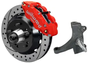 63-70 CHEVY C10 FRONT DISC BRAKE KIT & RIDETECH SPINDLES,14" DRILLED,RED CALIPER
