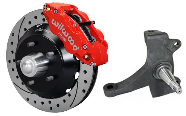 73-87 CHEVY C10 FRONT DISC BRAKE KIT & RIDETECH SPINDLES,13" DRILLED,RED CALIPER