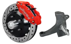 73-87 CHEVY C10 FRONT DISC BRAKE KIT & RIDETECH SPINDLES,13" DRILLED,RED CALIPER
