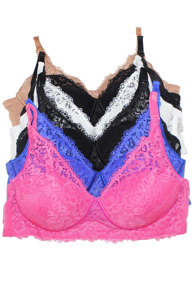 90033 6 Piece Floral Lace Wireless Bra with Molded Cups & Removable Straps B,C,D Cup C01