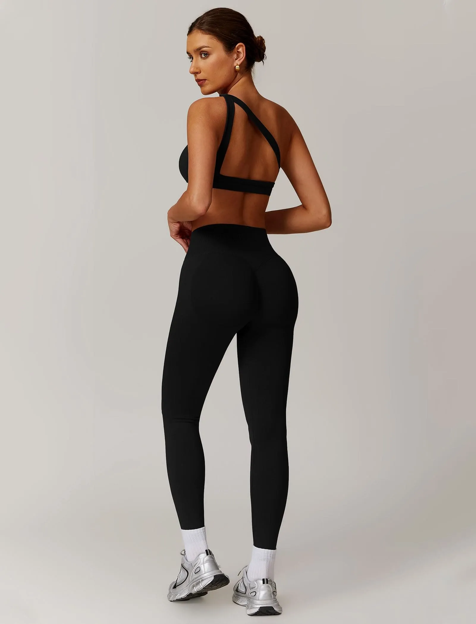ABOCIW Women Workout Sets Seamless High Waist Scrunch Butt Lifting Gym Leggings Cutout One Shoulder Sports Bra 2 Piece Gym Set Black