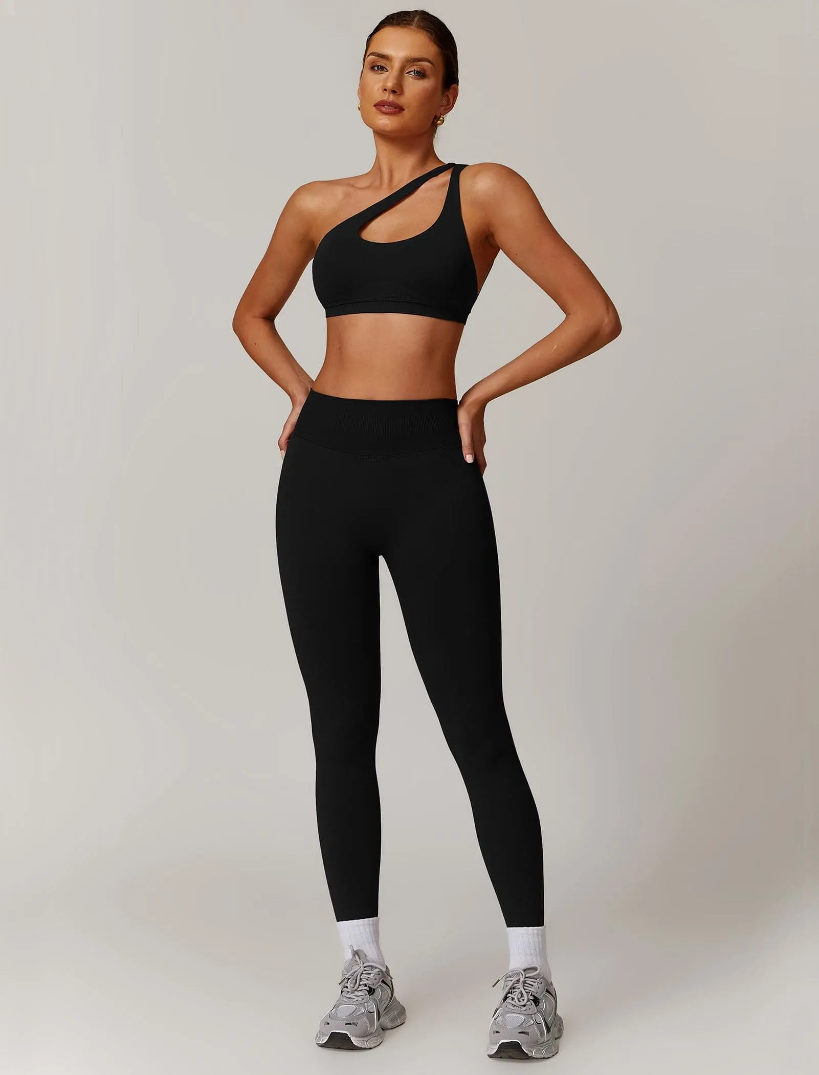 ABOCIW Women Workout Sets Seamless High Waist Scrunch Butt Lifting Gym Leggings Cutout One Shoulder Sports Bra 2 Piece Gym Set Black