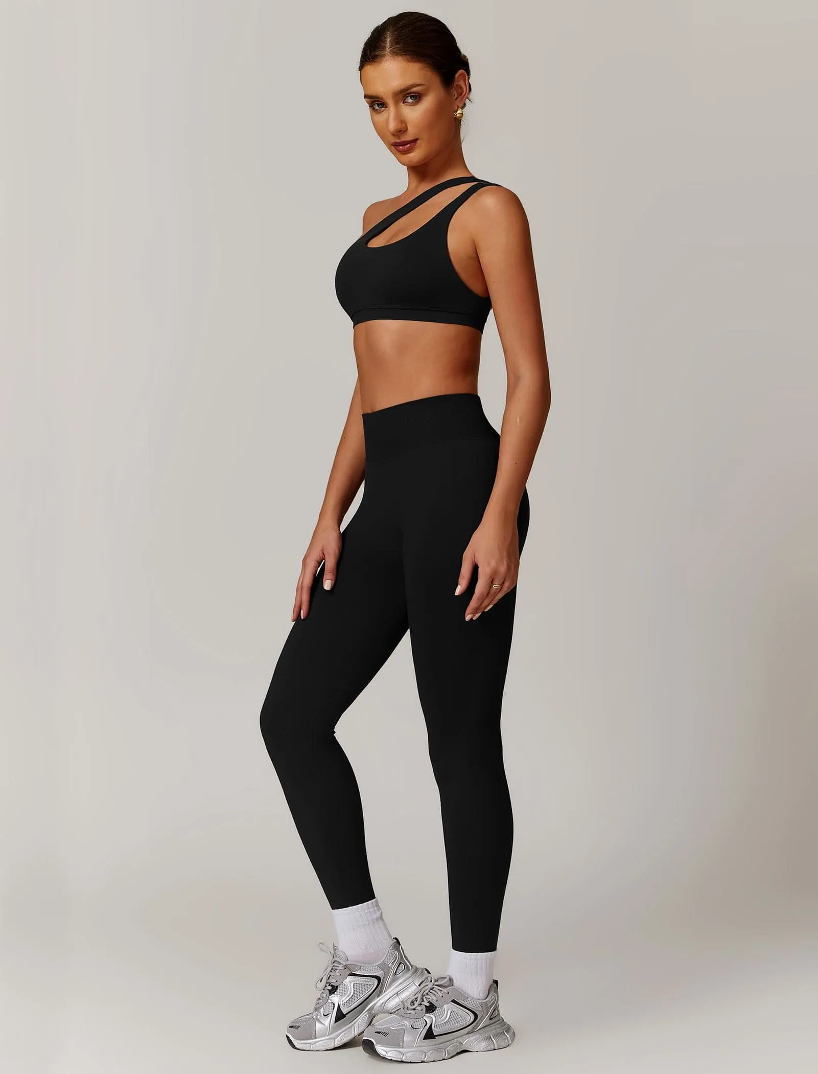 ABOCIW Women Workout Sets Seamless High Waist Scrunch Butt Lifting Gym Leggings Cutout One Shoulder Sports Bra 2 Piece Gym Set Black