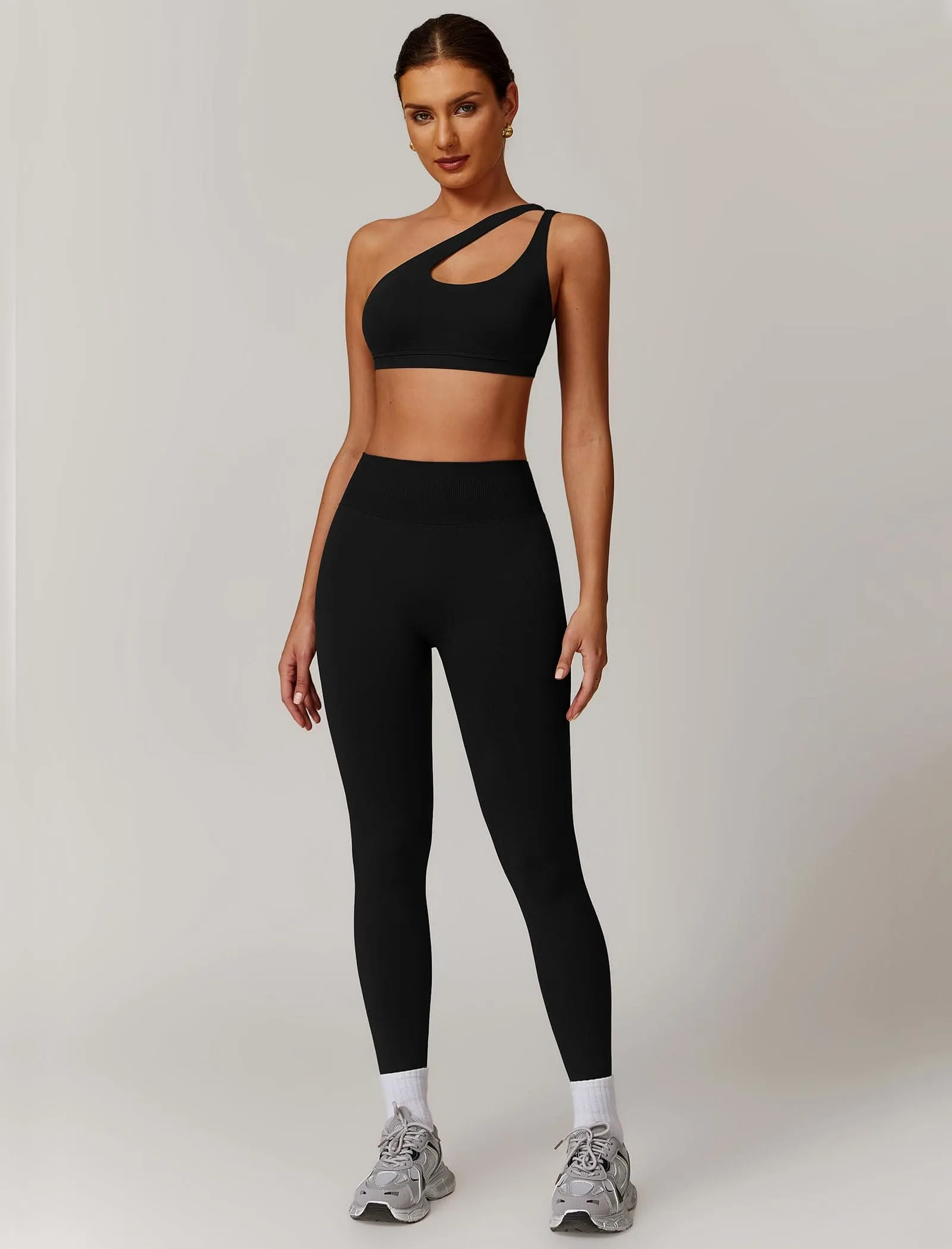 ABOCIW Women Workout Sets Seamless High Waist Scrunch Butt Lifting Gym Leggings Cutout One Shoulder Sports Bra 2 Piece Gym Set Black