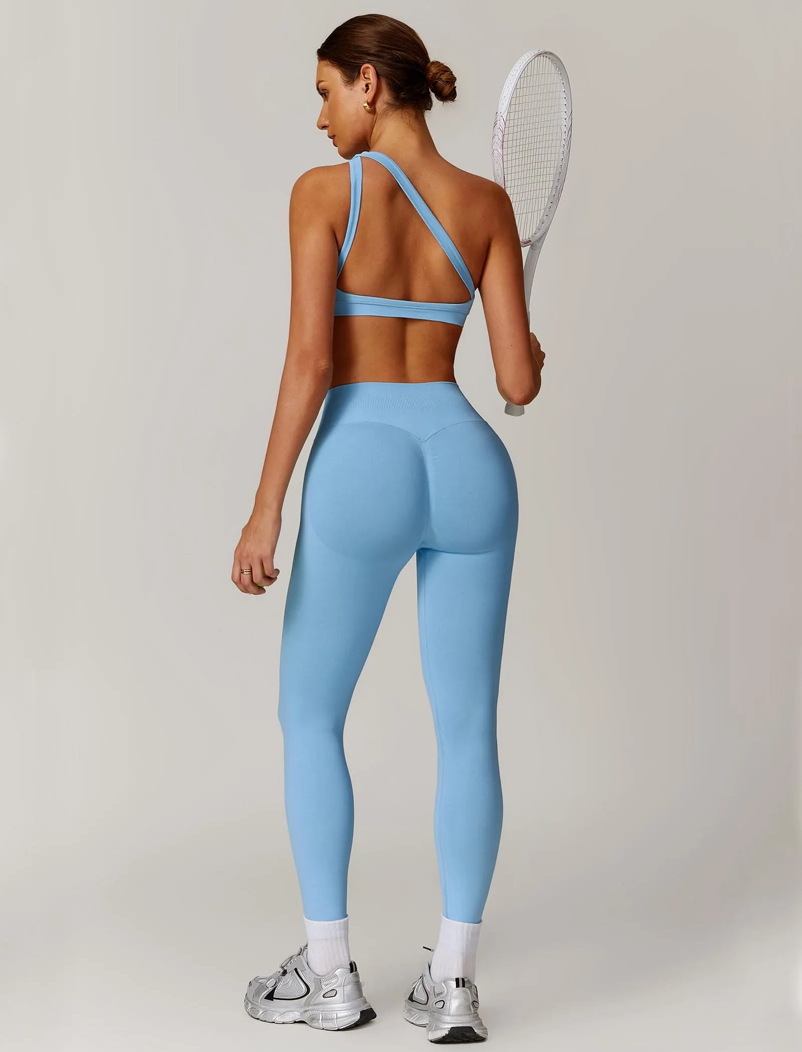 ABOCIW Workout Sets for Women 2 Piece Seamless High Waist Scrunch Butt Lifting Gym Leggings Cutout One Shoulder Sports Bra Yoga Outfits Blue