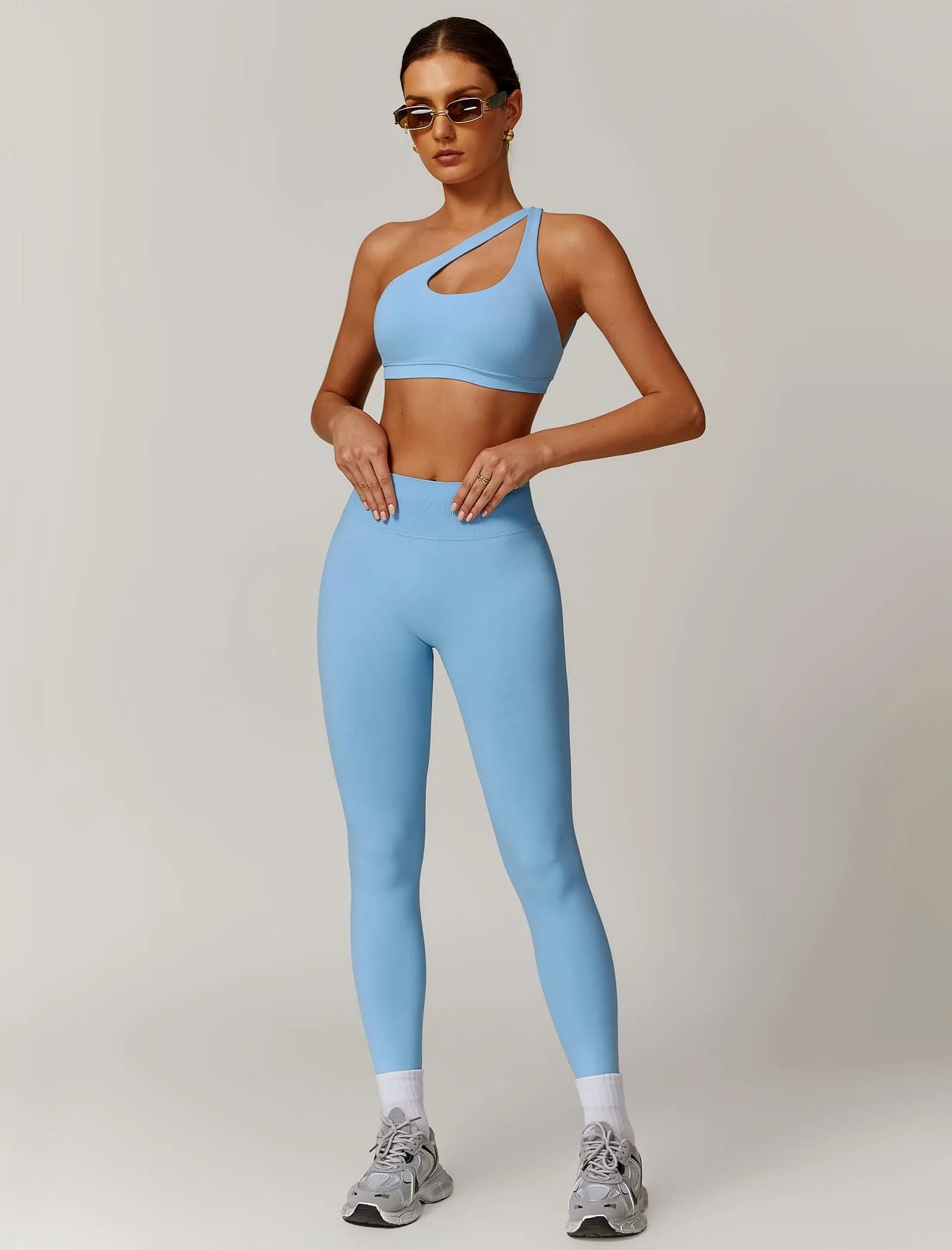 ABOCIW Workout Sets for Women 2 Piece Seamless High Waist Scrunch Butt Lifting Gym Leggings Cutout One Shoulder Sports Bra Yoga Outfits Blue