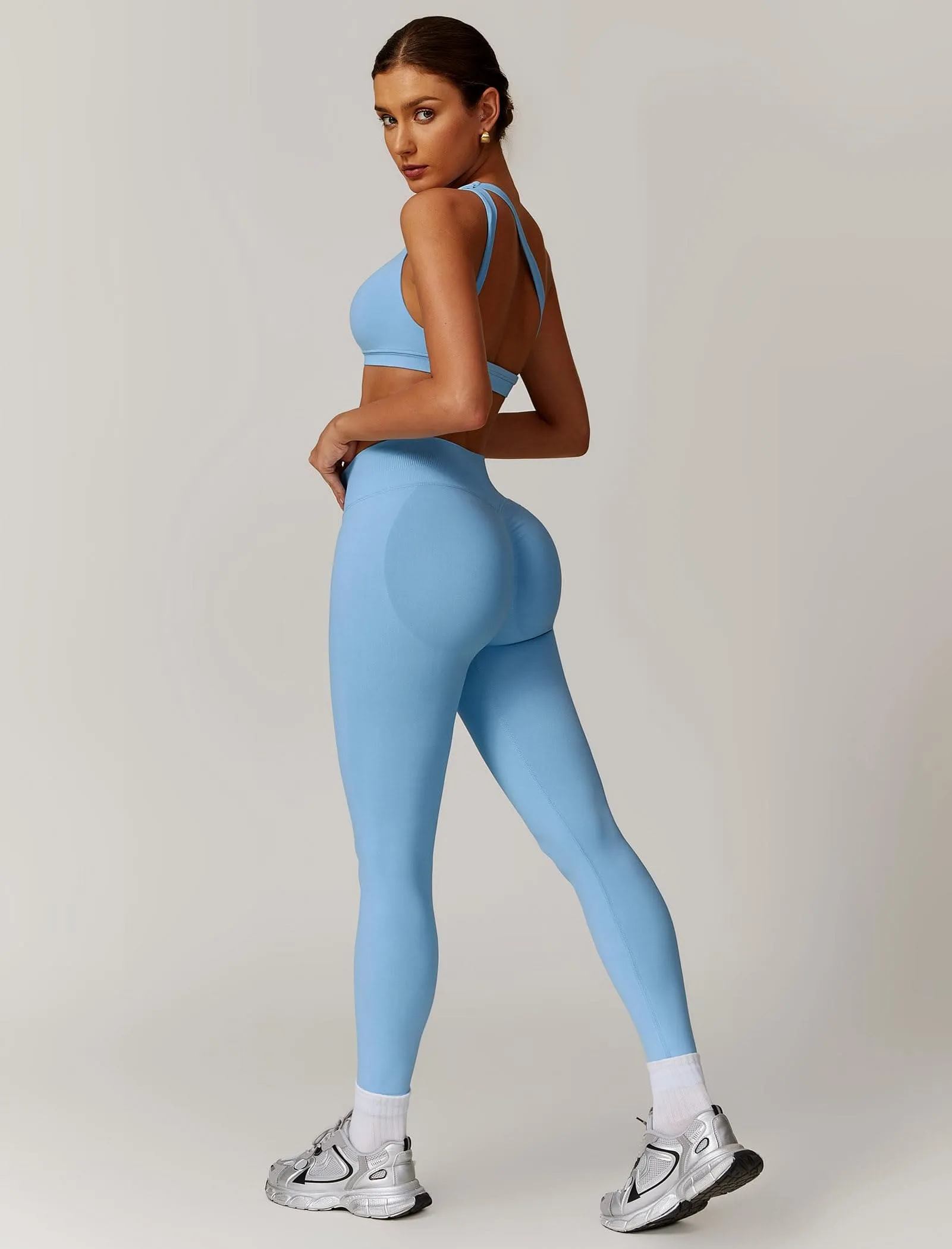 ABOCIW Workout Sets for Women 2 Piece Seamless High Waist Scrunch Butt Lifting Gym Leggings Cutout One Shoulder Sports Bra Yoga Outfits Blue
