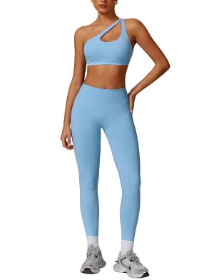 ABOCIW Workout Sets for Women 2 Piece Seamless High Waist Scrunch Butt Lifting Gym Leggings Cutout One Shoulder Sports Bra Yoga Outfits Blue