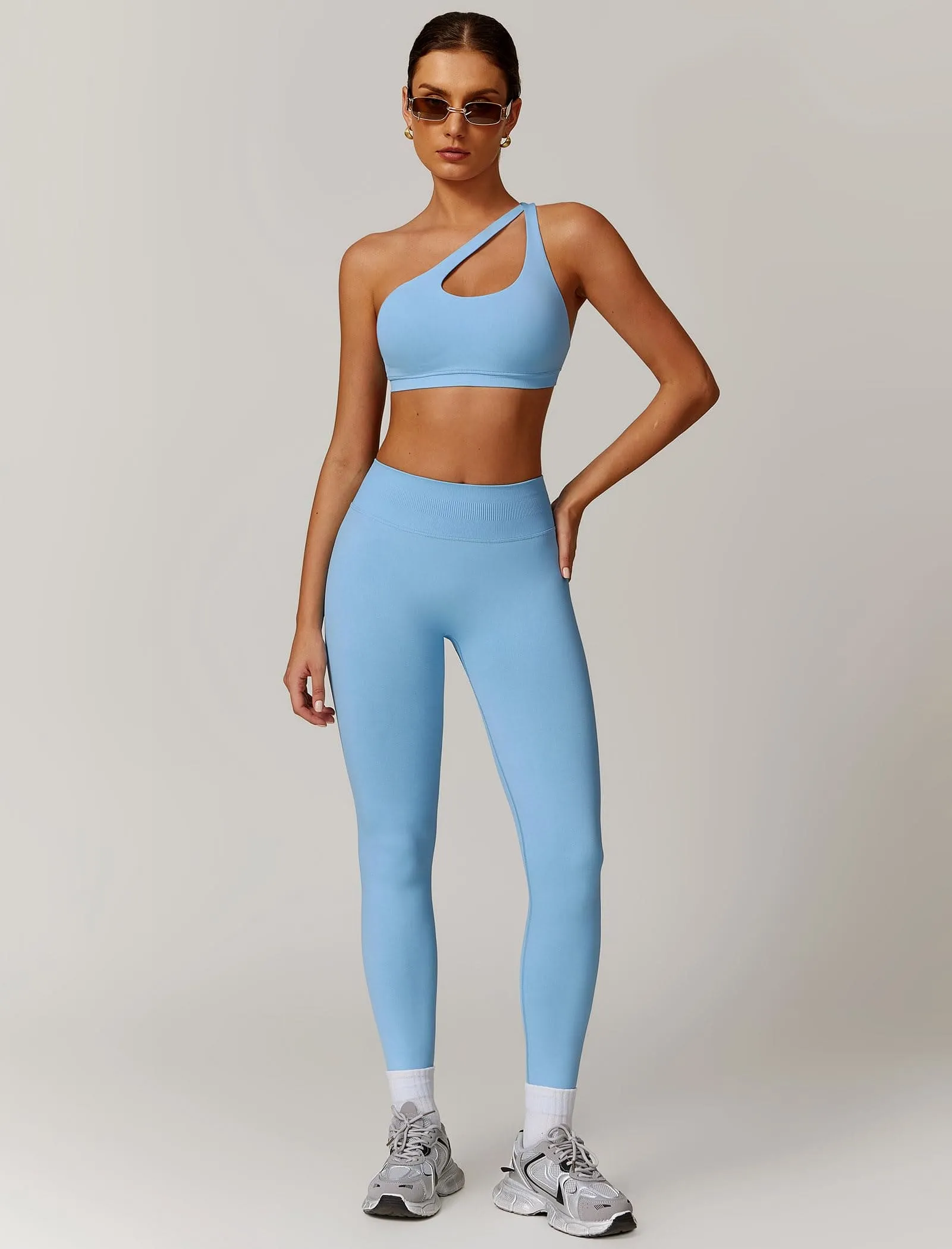 ABOCIW Workout Sets for Women 2 Piece Seamless High Waist Scrunch Butt Lifting Gym Leggings Cutout One Shoulder Sports Bra Yoga Outfits Blue