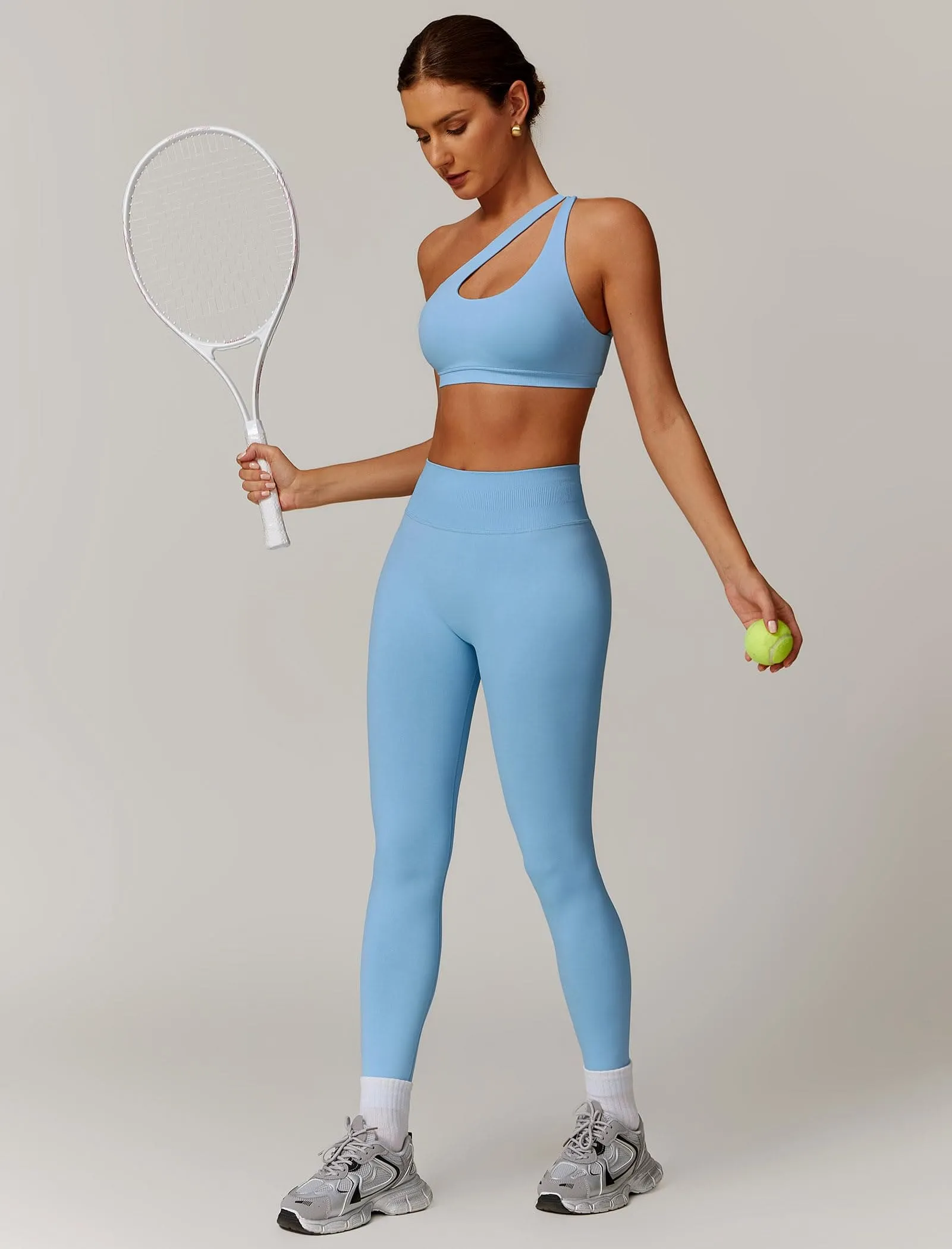 ABOCIW Workout Sets for Women 2 Piece Seamless High Waist Scrunch Butt Lifting Gym Leggings Cutout One Shoulder Sports Bra Yoga Outfits Blue