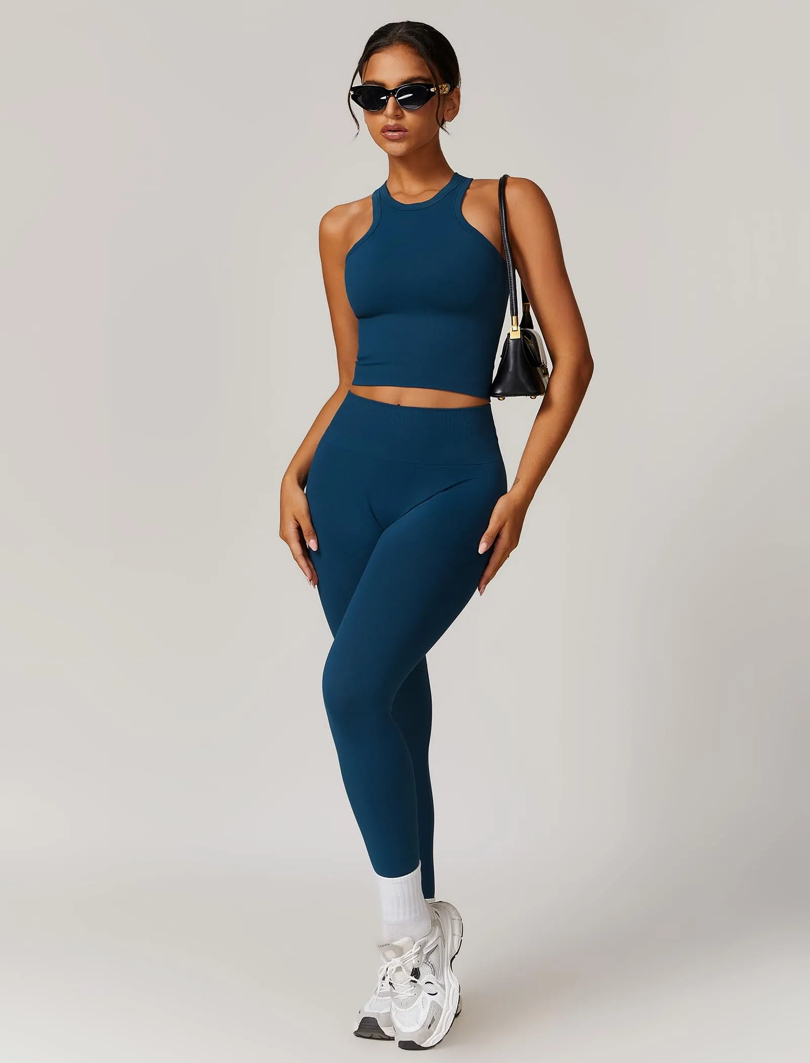 ABOCIW Workout Sets for Women, Ribbed Racerback Tank Top Bra Seamless Scrunch Butt Lifting High Waist Leggings 2 Piece Gym Yoga Outfits Tan Navy Blue