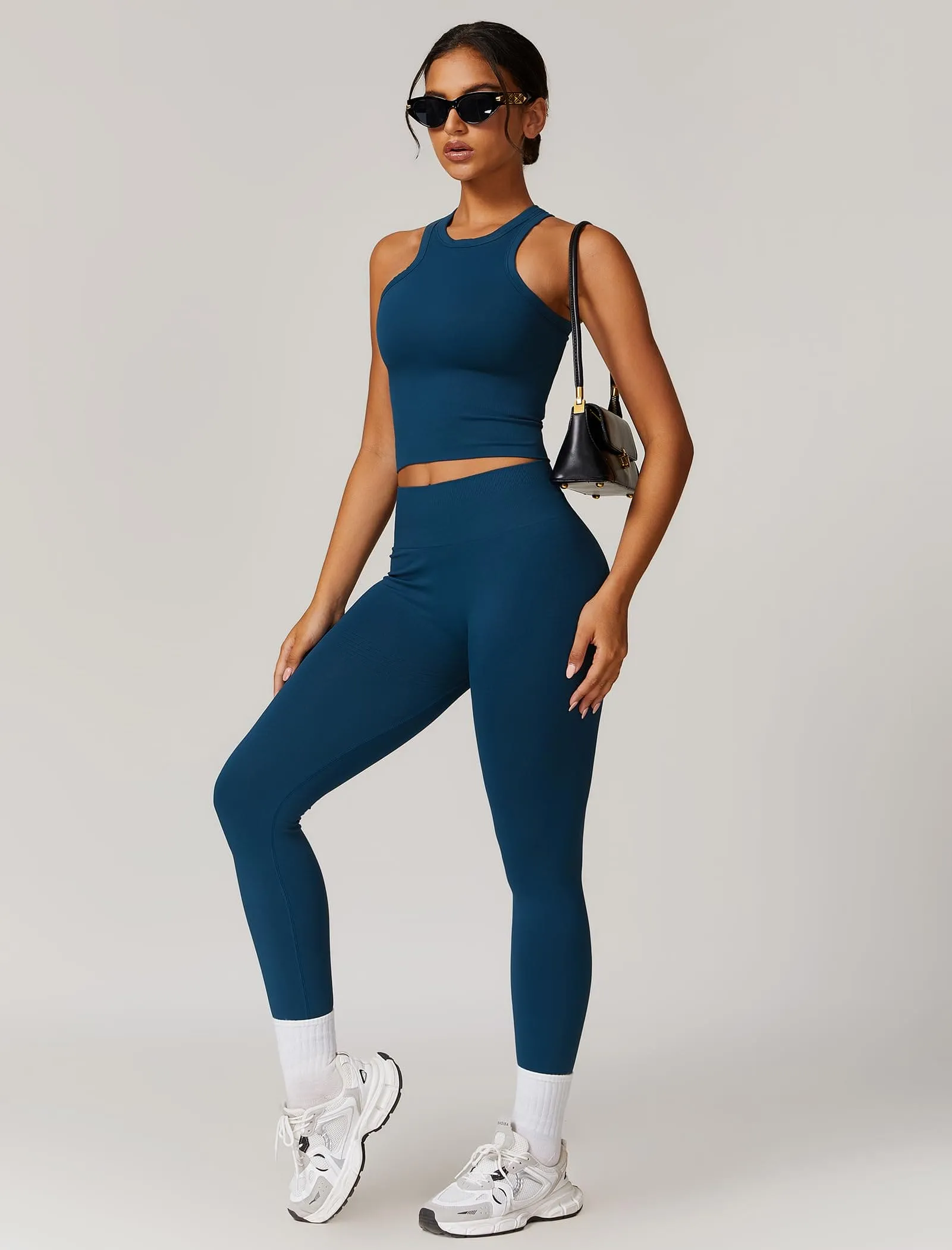 ABOCIW Workout Sets for Women, Ribbed Racerback Tank Top Bra Seamless Scrunch Butt Lifting High Waist Leggings 2 Piece Gym Yoga Outfits Tan Navy Blue