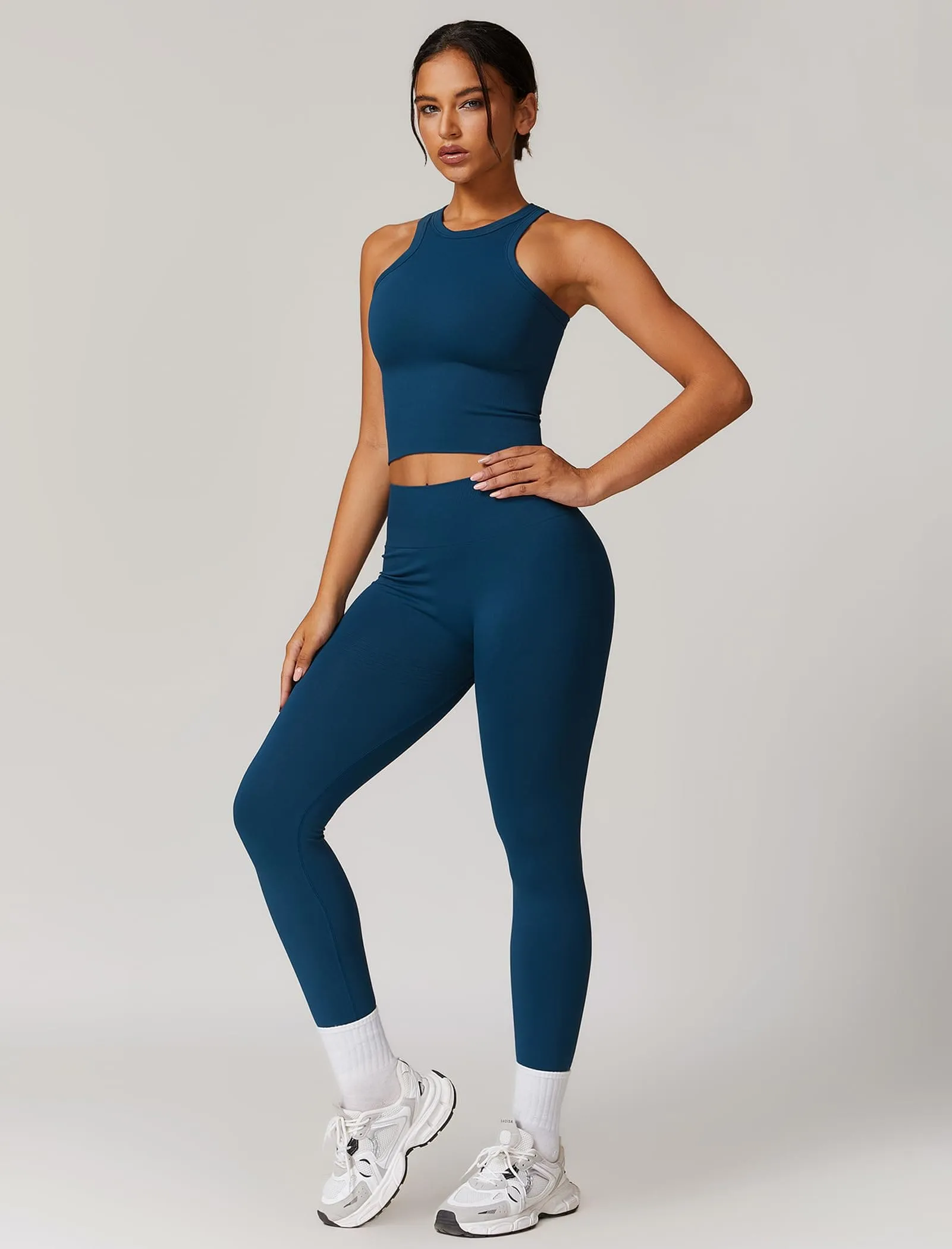 ABOCIW Workout Sets for Women, Ribbed Racerback Tank Top Bra Seamless Scrunch Butt Lifting High Waist Leggings 2 Piece Gym Yoga Outfits Tan Navy Blue