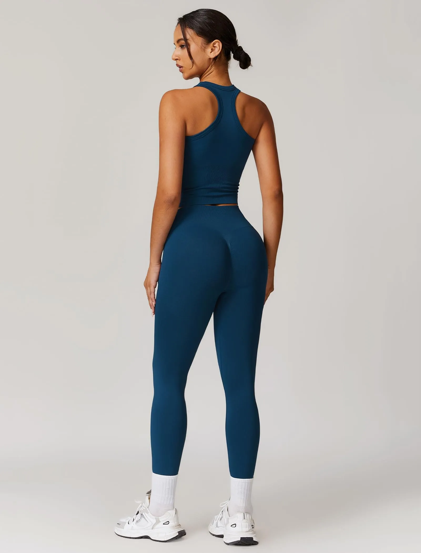 ABOCIW Workout Sets for Women, Ribbed Racerback Tank Top Bra Seamless Scrunch Butt Lifting High Waist Leggings 2 Piece Gym Yoga Outfits Tan Navy Blue