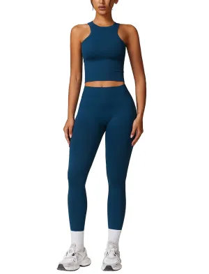 ABOCIW Workout Sets for Women, Ribbed Racerback Tank Top Bra Seamless Scrunch Butt Lifting High Waist Leggings 2 Piece Gym Yoga Outfits Tan Navy Blue