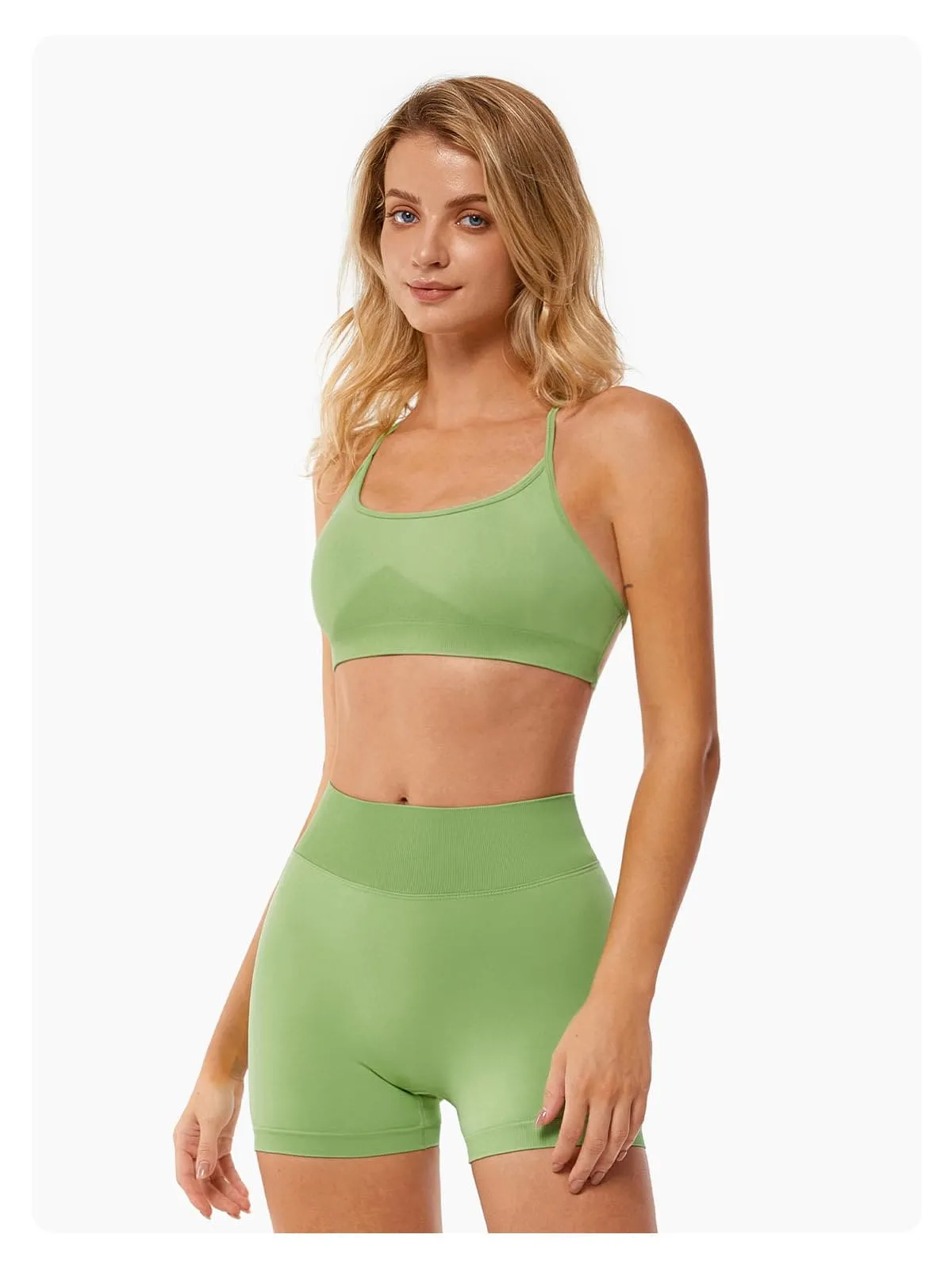 ABOCIW Workout Sets for Women Seamless V Back Scrunch Butt Lifting High Waist Biker Shorts Cross Back Sports Bra 2 Piece Yoga Gym Sets Light Green
