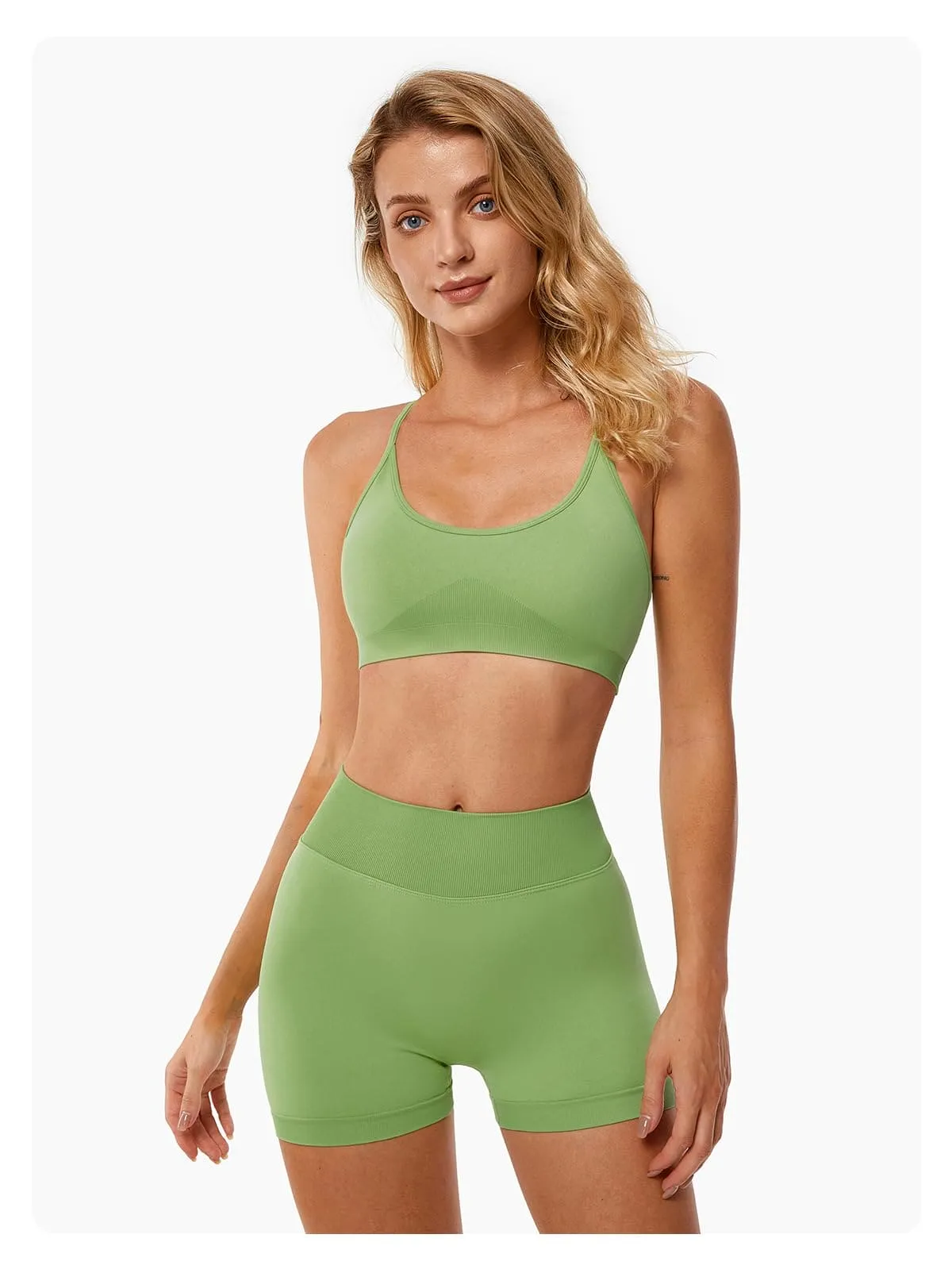 ABOCIW Workout Sets for Women Seamless V Back Scrunch Butt Lifting High Waist Biker Shorts Cross Back Sports Bra 2 Piece Yoga Gym Sets Light Green