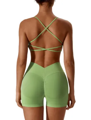 ABOCIW Workout Sets for Women Seamless V Back Scrunch Butt Lifting High Waist Biker Shorts Cross Back Sports Bra 2 Piece Yoga Gym Sets Light Green