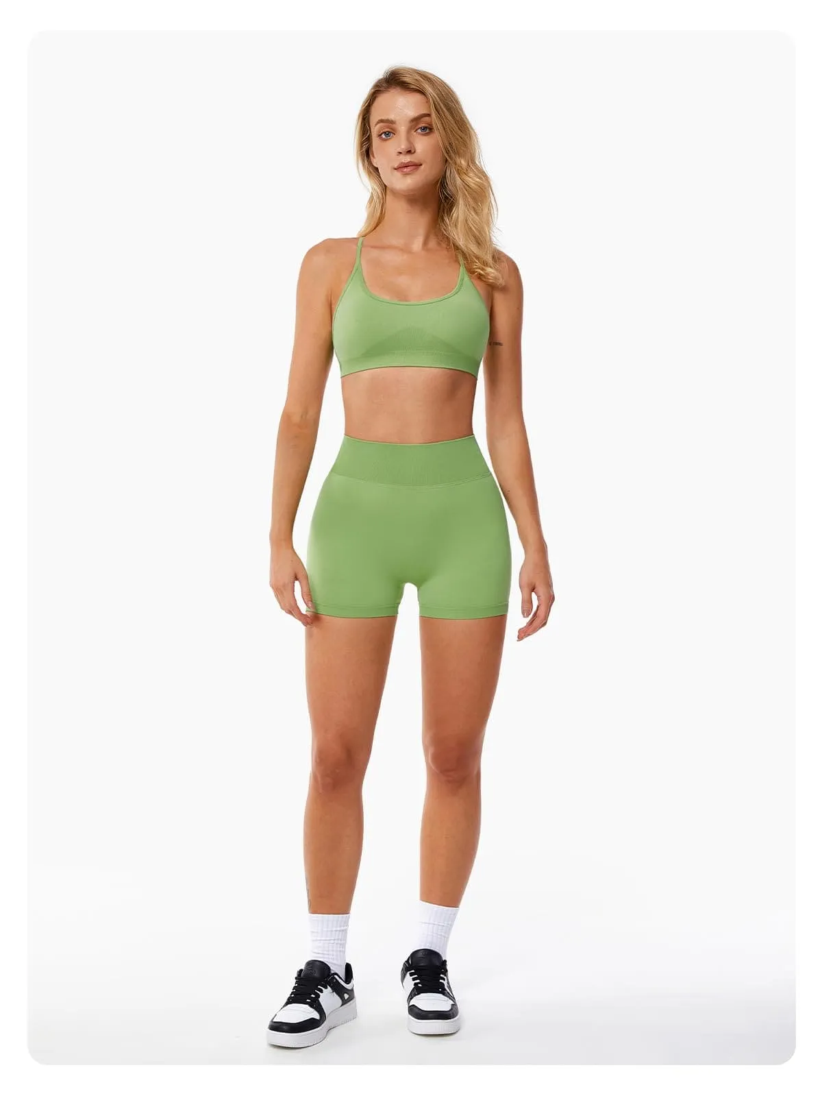 ABOCIW Workout Sets for Women Seamless V Back Scrunch Butt Lifting High Waist Biker Shorts Cross Back Sports Bra 2 Piece Yoga Gym Sets Light Green