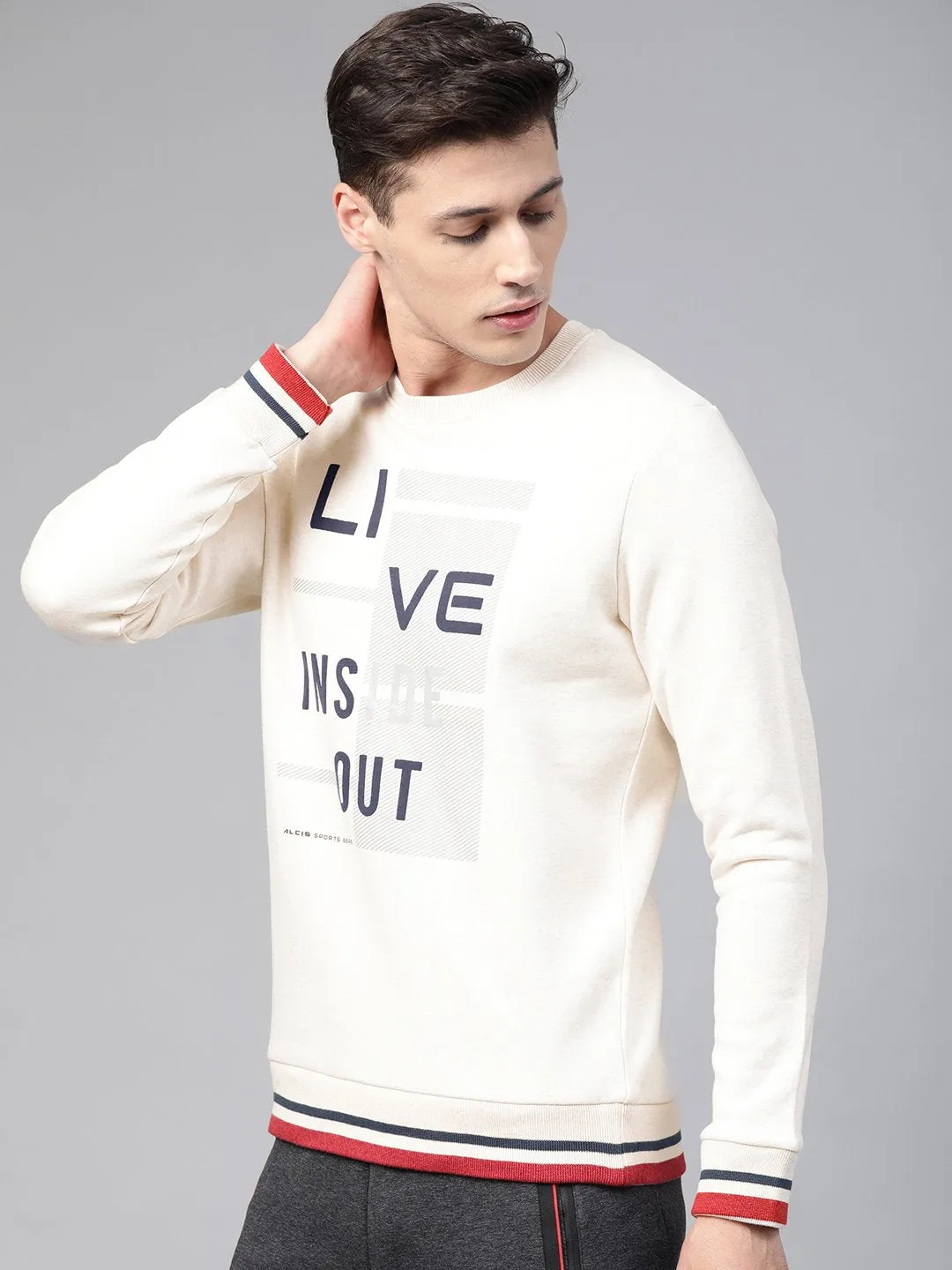 Alcis Men Off-White Charcoal Grey Printed Sports Sweatshirt