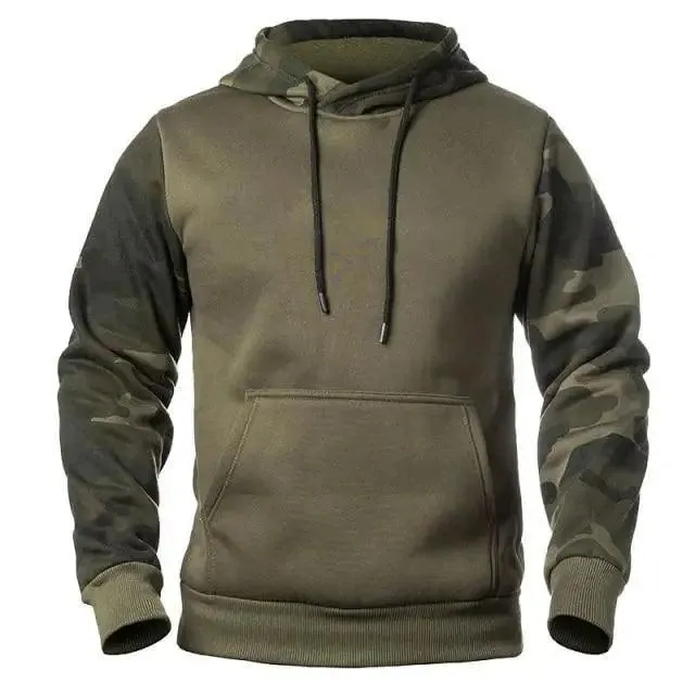 Army Green Men Military Hoodies Autumn Winter Hooded Sweatshirts Men's Pullover Hoodie Blend Fleece Long Sleeve Contrast Color Military Sweatshirt with Pocket