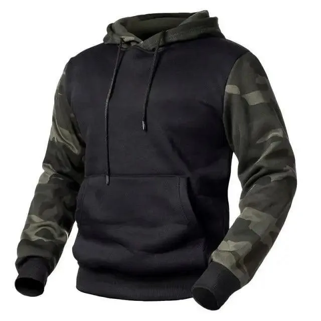 Army Green Men Military Hoodies Autumn Winter Hooded Sweatshirts Men's Pullover Hoodie Blend Fleece Long Sleeve Contrast Color Military Sweatshirt with Pocket