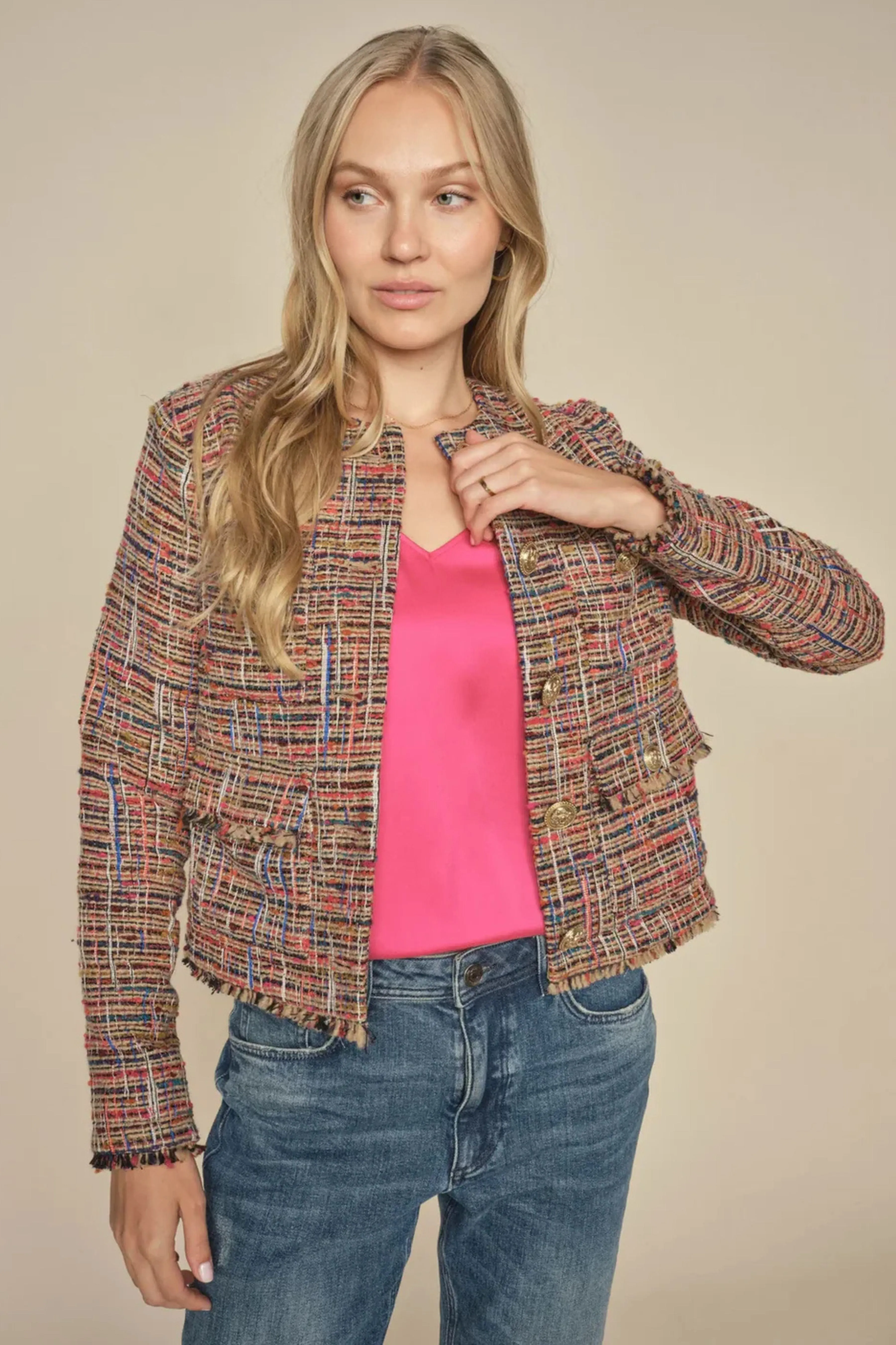 Astrid V-Neck Silk Tank Top - Pink Peacock