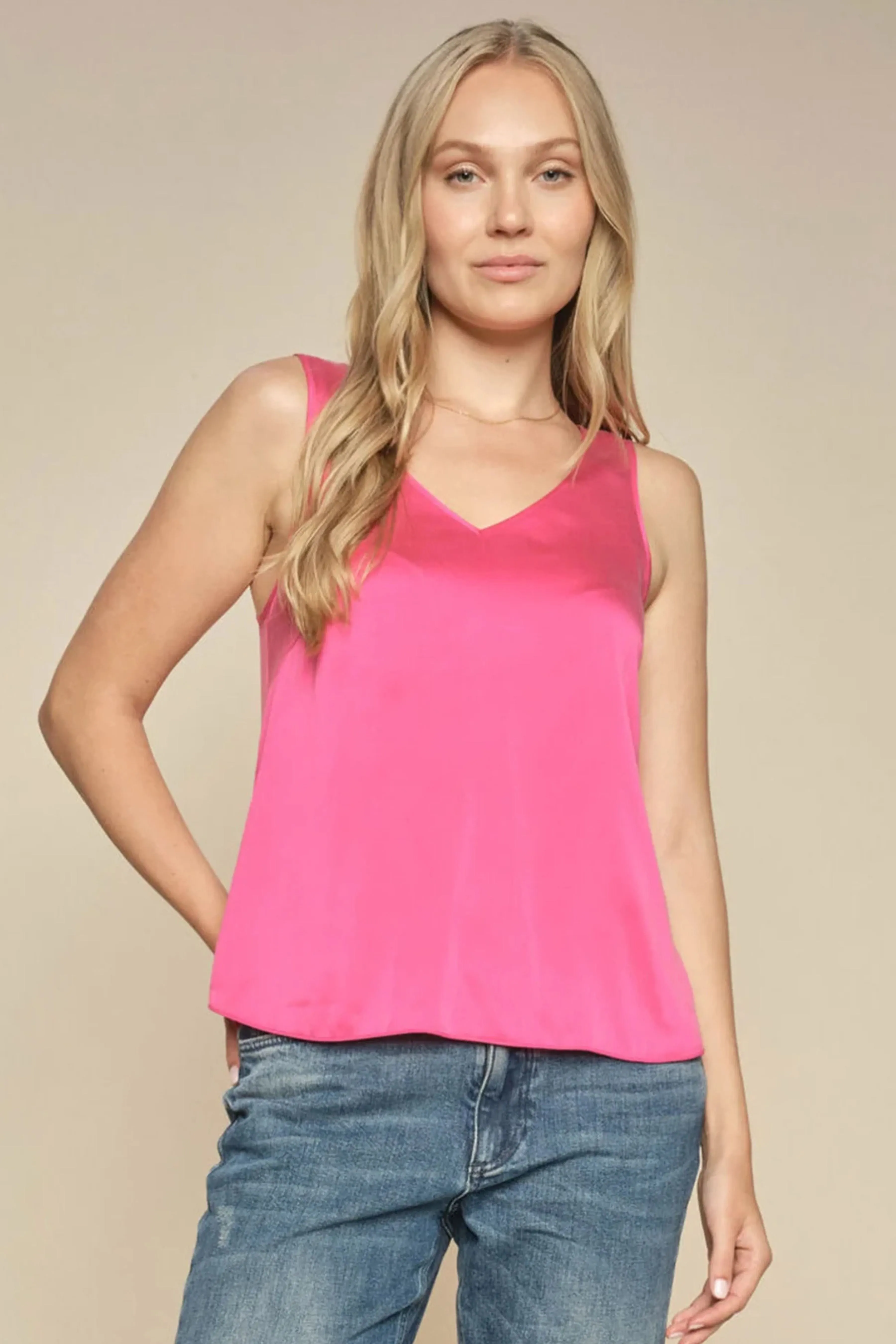 Astrid V-Neck Silk Tank Top - Pink Peacock