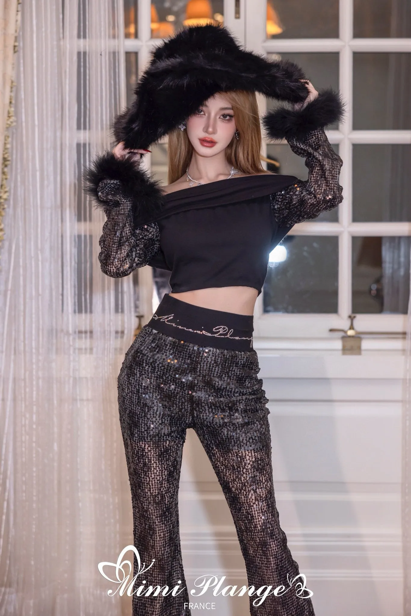 Black High-Waist Rhinestone Flare Pants