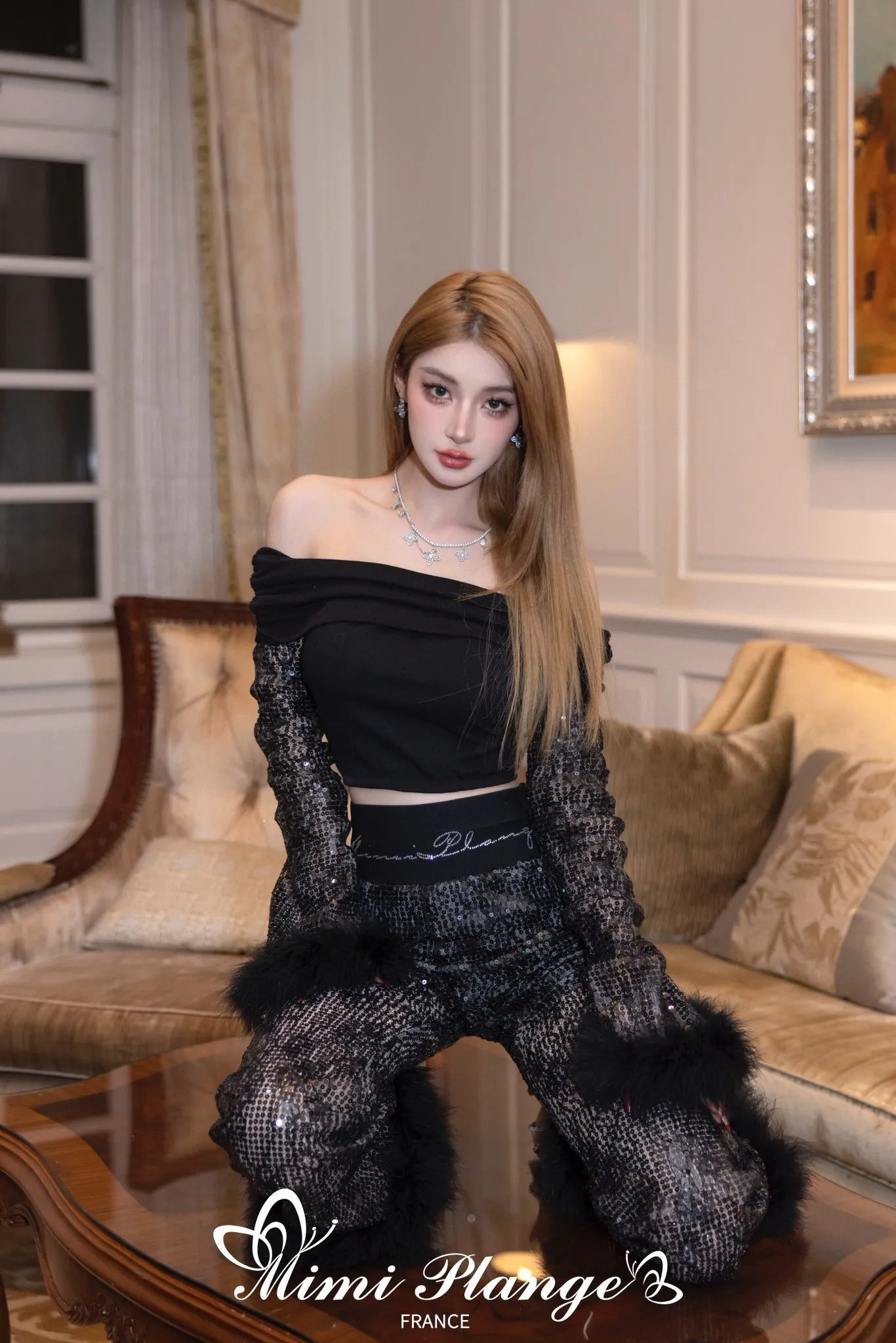 Black High-Waist Rhinestone Flare Pants