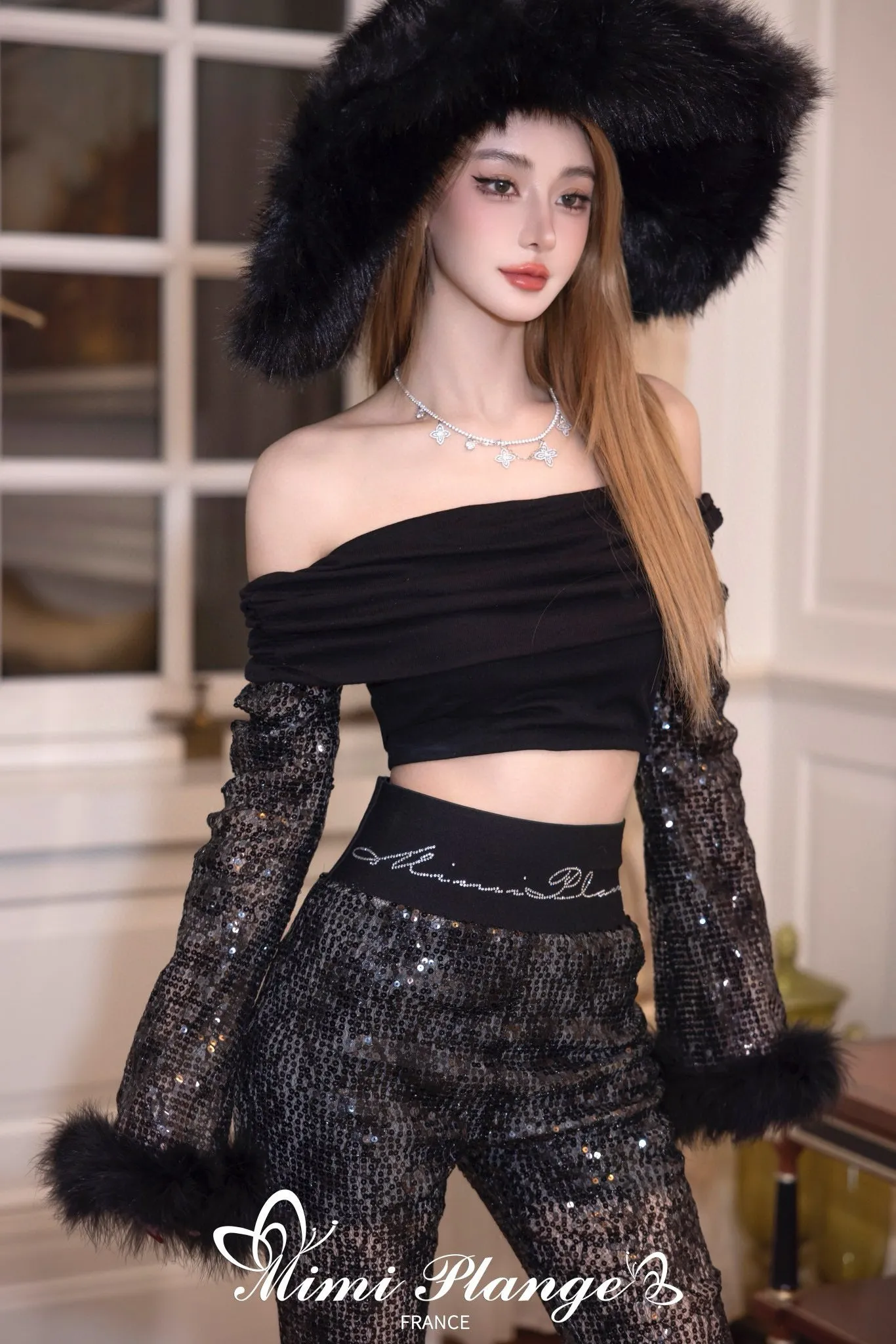 Black High-Waist Rhinestone Flare Pants