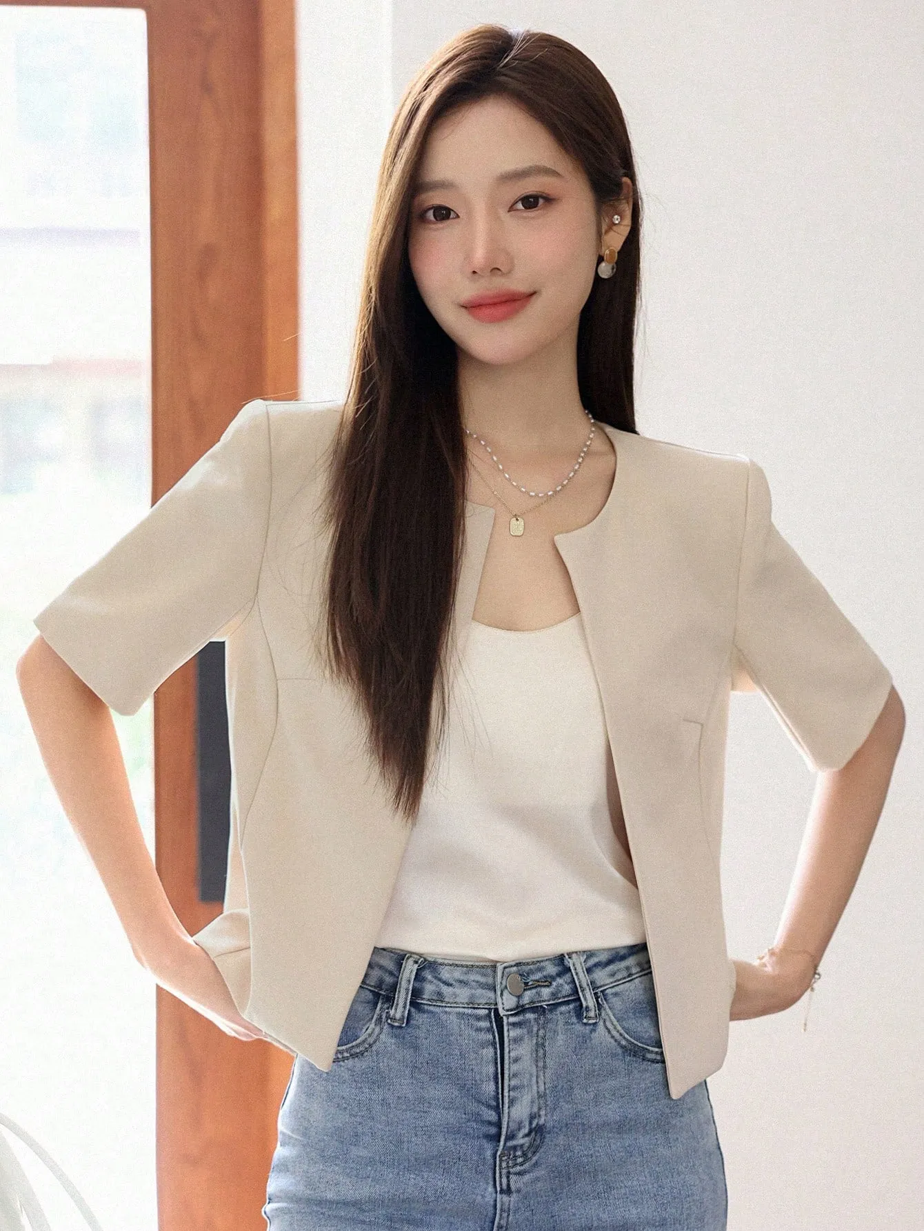 Blazer de Manga Corta Unicolor para Otoño  CR