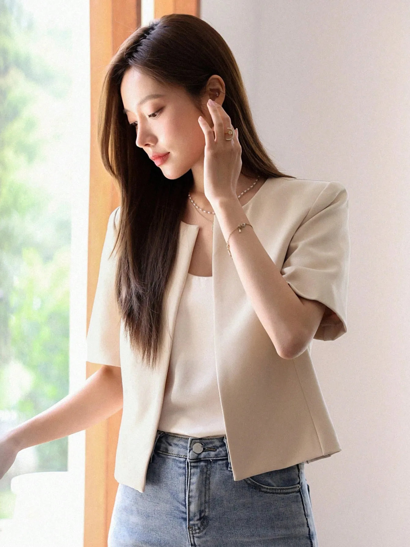 Blazer de Manga Corta Unicolor para Otoño  CR