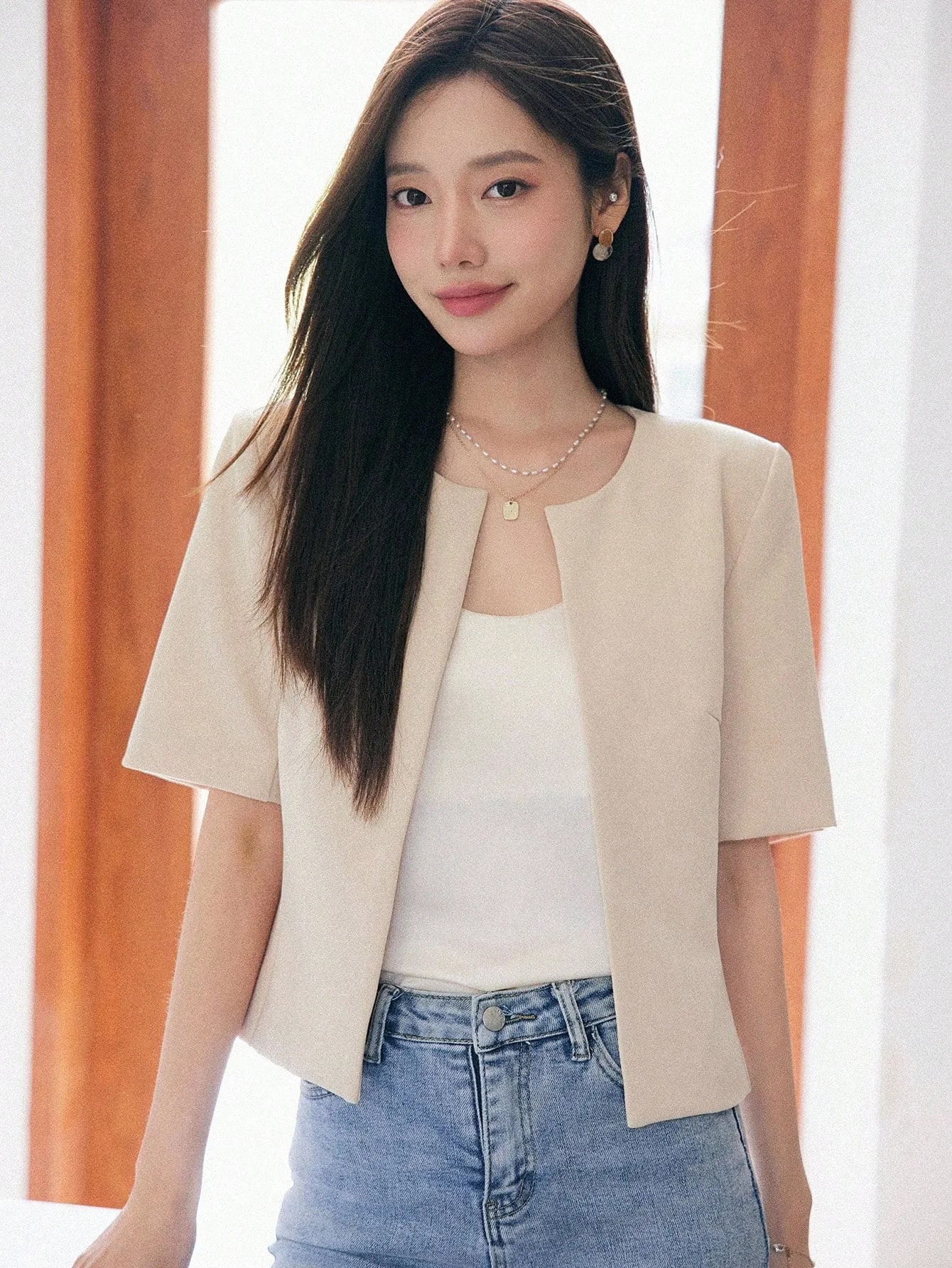 Blazer de Manga Corta Unicolor para Otoño  CR