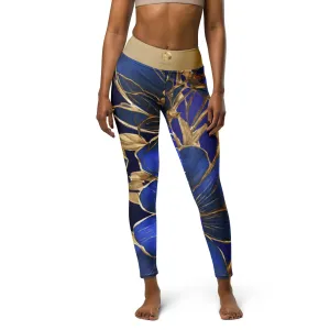 Blue Flowers Trimmed in Gold Chaitanya Abara Fashion Leggings
