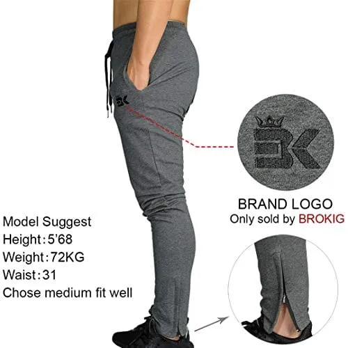 BROKIG Mens Zip Joggers Pants - Casual Gym Fitness Trousers Comfortable Tracksuit Slim Fit Bottoms Sweatpants with Pockets (Dark Grey)