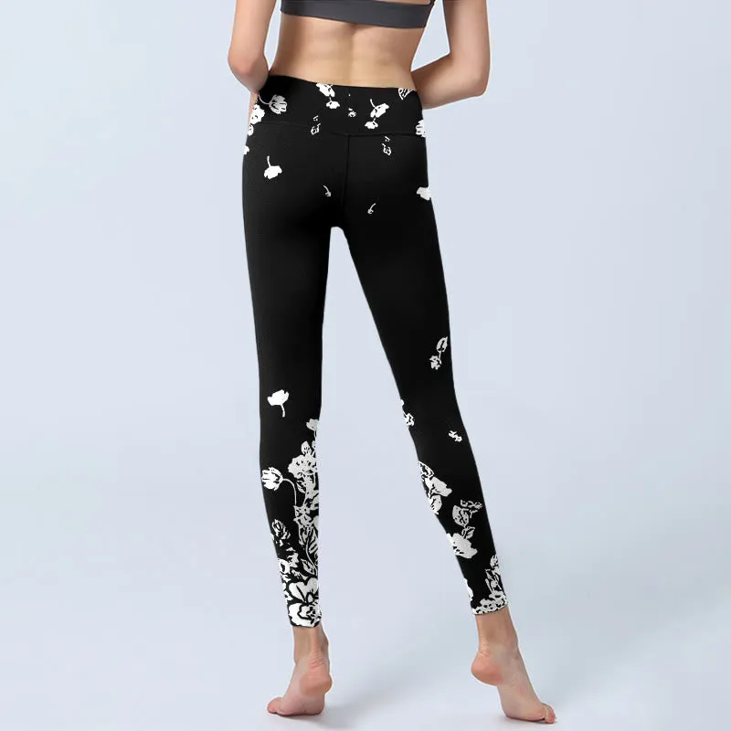 Buddha Stones Black Scattered Petals Print Gym Leggings Women's Yoga Pants