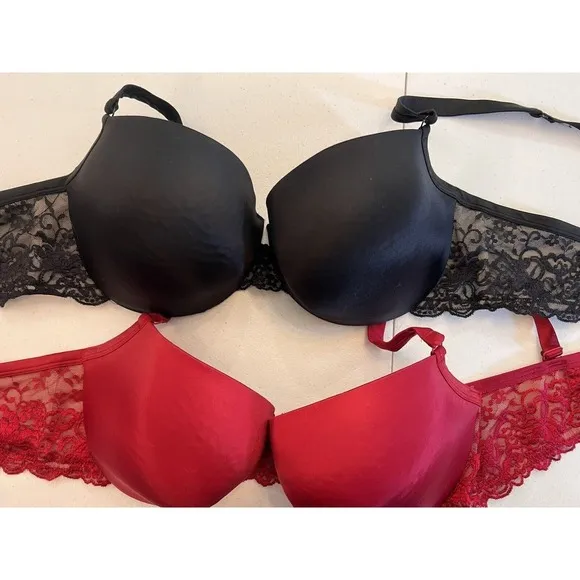 Cacique Lane Bryant 40DDD Lot Of Three Black Red Lined Balconette T-shirt