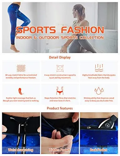 COOLOMG Women's Yoga Running Pants Printed Compression Leggings Workout Tights Hidden Pocket Sky Small
