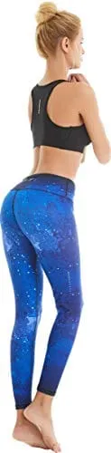COOLOMG Women's Yoga Running Pants Printed Compression Leggings Workout Tights Hidden Pocket Sky Small