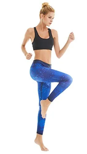 COOLOMG Women's Yoga Running Pants Printed Compression Leggings Workout Tights Hidden Pocket Sky Small