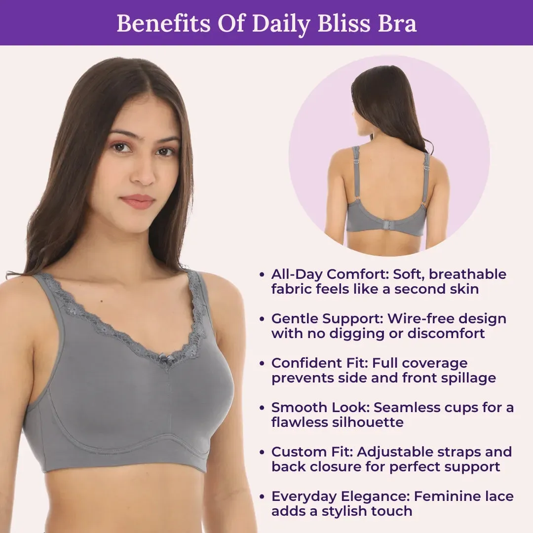 Cotton Bra | Lace Detailing | Full Coverage | Wire-Free & Non-Padded | Seamless Cups | No Centre Panel | Hidden Side Panels | 3 Pack
