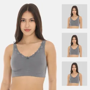 Cotton Bra | Lace Detailing | Full Coverage | Wire-Free & Non-Padded | Seamless Cups | No Centre Panel | Hidden Side Panels | 3 Pack