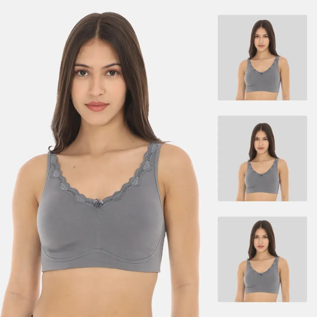 Cotton Bra | Lace Detailing | Full Coverage | Wire-Free & Non-Padded | Seamless Cups | No Centre Panel | Hidden Side Panels | 3 Pack