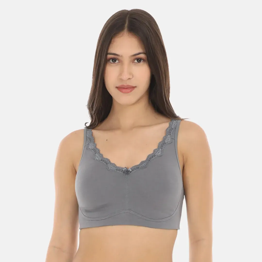 Cotton Bra | Lace Detailing | Full Coverage | Wire-Free & Non-Padded | Seamless Cups | No Centre Panel | Hidden Side Panels
